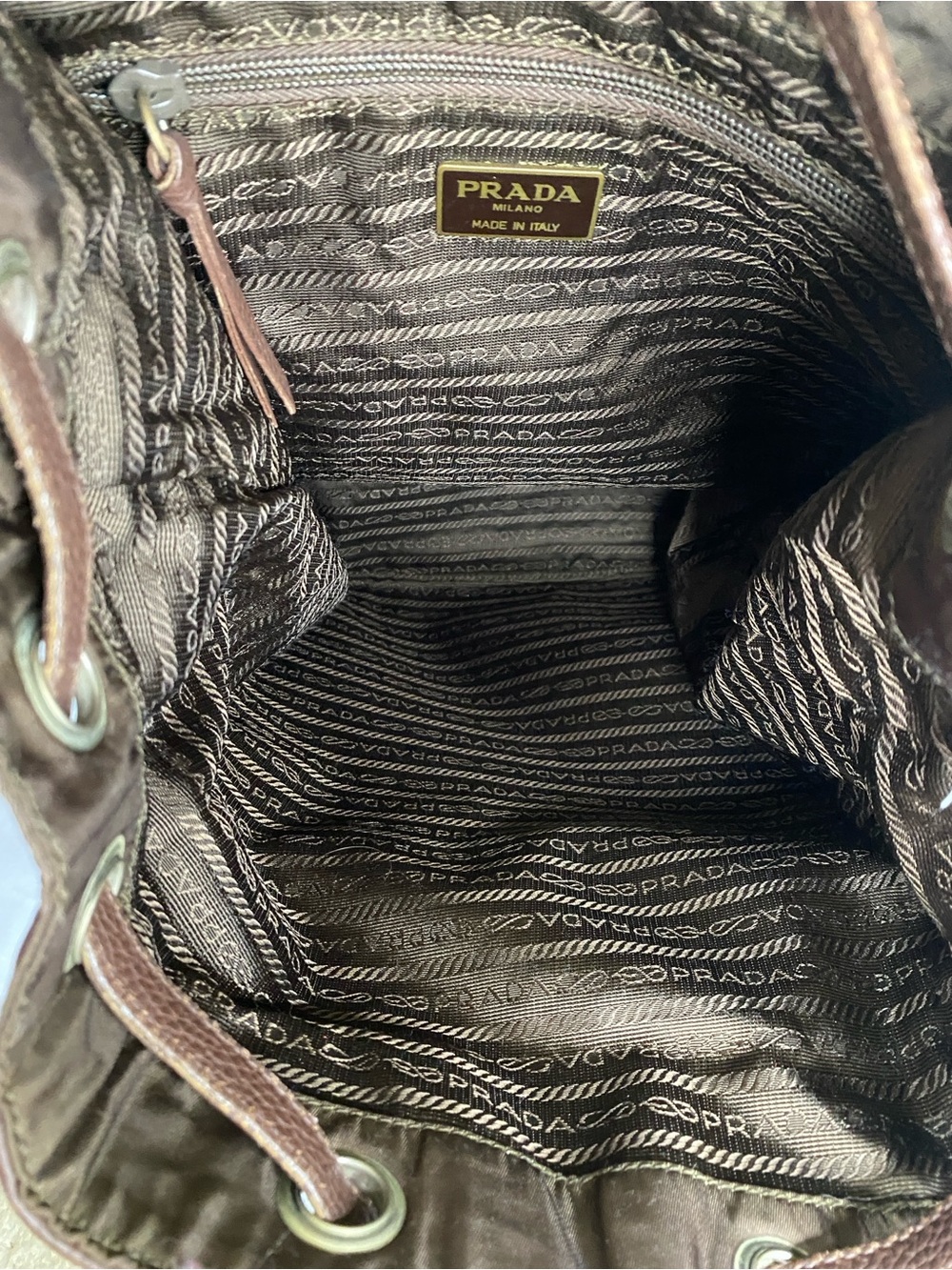 Prada Brown Pebbled Leather Drawstring Backpack - Picture 7 of 13